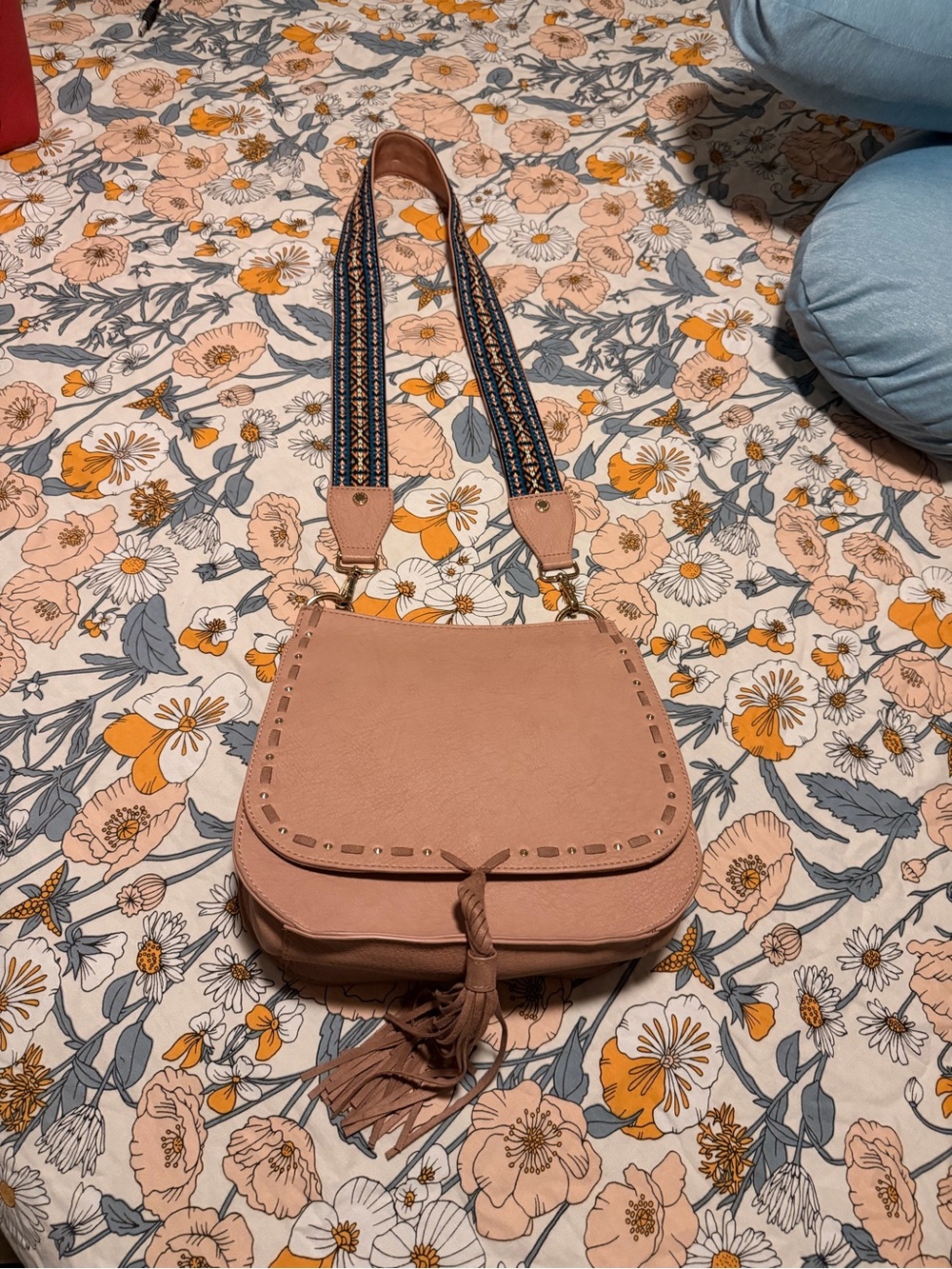 Steve Madden Pink Crossbody Saddle Bag with Tassel and Patterned Strap